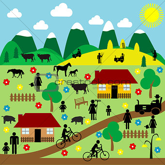 Countryside scene with pictograms