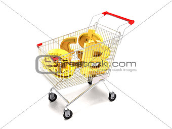 Shopping cart and gold currency signs (3d illustration).