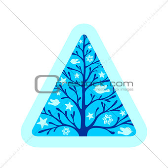 Blue triangle with tree, birds and stars inside