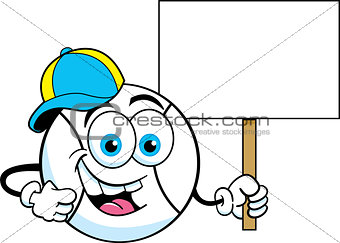 Cartoon Baseball Wearing a Baseball Cap and Holding a Sign.