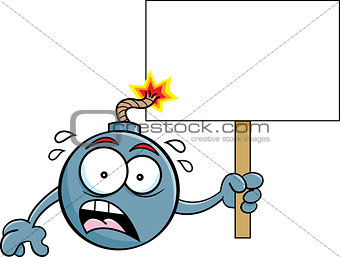 Cartoon Worried Bomb with a Lit Fuse Holding a Sign.