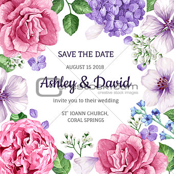 Wedding Invitation card with flowers in watercolor style on white background. Template for greeting card.