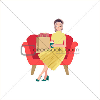 Beautiful woman go shopping with bags and feeling happiness on white background. Cute vector cartoon female character. Soft colors illustration.