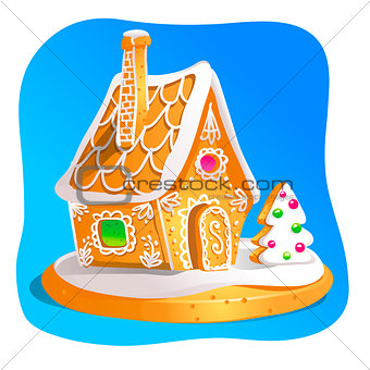 Gingerbread house decorated candy icing and sugar. Christmas cookies, traditional winter holiday xmas homemade baked sweet food vector illustration.