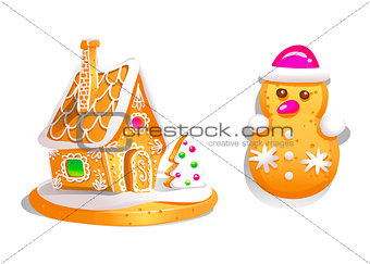 Gingerbread house decorated candy icing and snowman . Christmas cookies, traditional winter holiday xmas homemade baked sweet food vector illustration.
