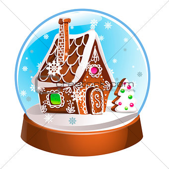 Magic Christmas snow globe vector illustration. Glass snowglobe gift with small house, winter pine tree and falling snow inside