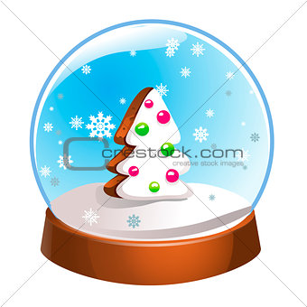 Snow globe with Christmas fir tree inside isolated on white background. Christmas magic ball. Snowglobe vector illustration. Winter in glass ball, crystal dome icon.