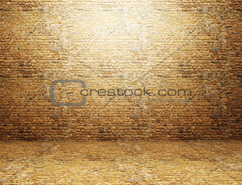3D grunge room interior with brick wall and floor