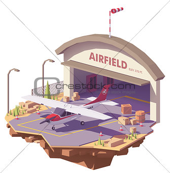 Vector low poly airfield with hangar and airplane