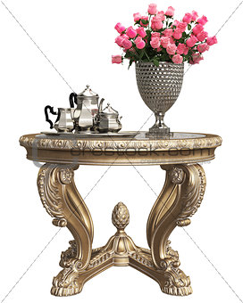 Classic baroque carved table with bouquet of roses and coffee silver set isolated on white background