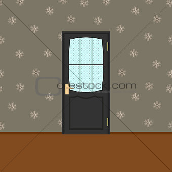 Vector Wood Closed Door with Frame Isolated on Snowflake seamless Background