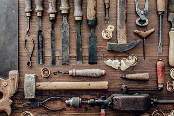 Vintage woodworking tools on the workbench