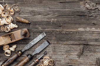 Old carpentry tools on the workbench