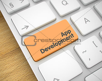 App Development - Message on the Orange Keyboard Key. 3D.