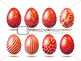 Set of Easter bright red eggs with golden ornament