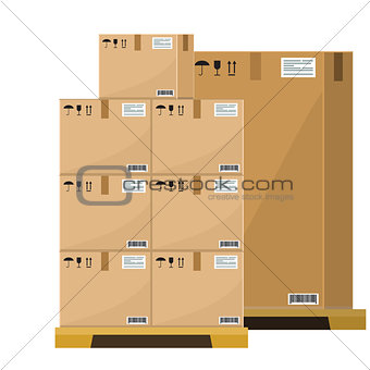Different Boxes on wooded pallet vector illustration, flat and solid style warehouse cardboard parcel boxes stack front view.