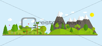 Flat cartoon style illustration nature landscape with mountains and trees. Vector Illustration