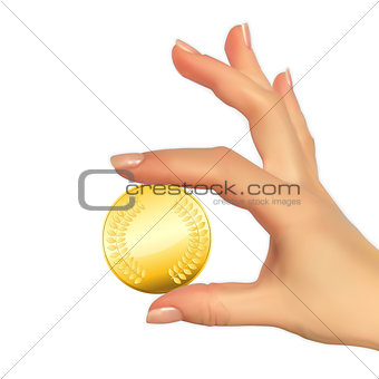 Realistic 3D Silhouette of hand with gold coin. Vector Illustrat