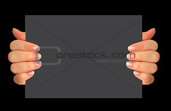 Realistic 3D Silhouette of hand with blank paper. Vector Illustr