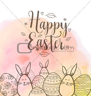 Easter greeting card with eggs and rabbits