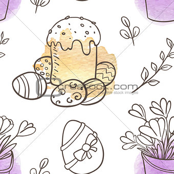 Easter seamless pattern with cake and flowers