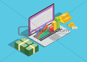 online business technology with laptop and graph and cash money