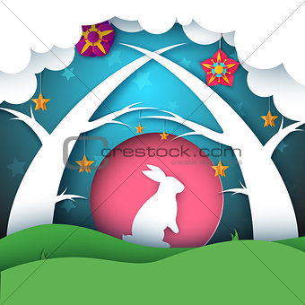 Rabbit illustration. Cartoon paper landscape.