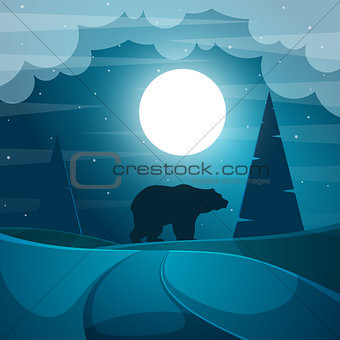 Bear illustration. Cartoon night landscape.