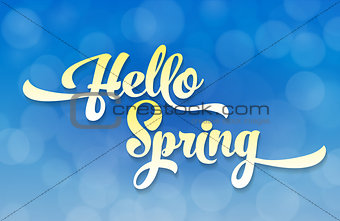 Hello spring light stylized inscription on the background of the sky with the effect of bokeh. Spring template for your design, cards, invitations, posters.