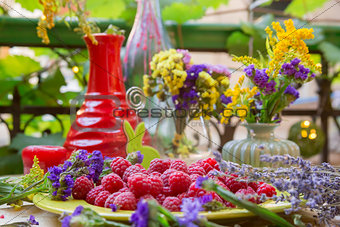 Close-up of Raspberries on a table