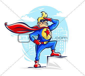 Brave superhero man in costume with red