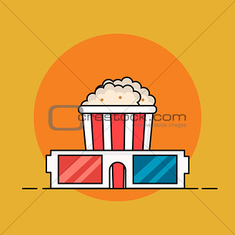 Popcorn bucket and 3d glasses. Cinema snack. Outline flat style.