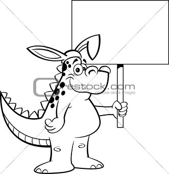 Cartoon Dinosaur Wearing Rabbit Ears and Holding a Sign