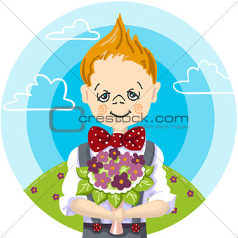 1st september day, school education, color draw of smile cute boy go to first time to school, bouquet flowers to teacher, mam, girl, blue sky with white cloud background green grass with flowers