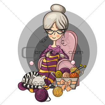 woman Granny sits in a Chair and knits knitting needles striped, cat sleeps on her knitting around the scattered balls, cartoon cute smiling character