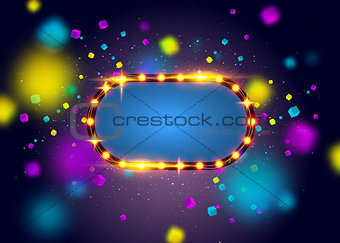 Glowing lights retro frame for advertising design. Special light effects. Colorful stage lights background. Vector Background show. Studio backdrop with confetti. Illuminated round realistic banner.