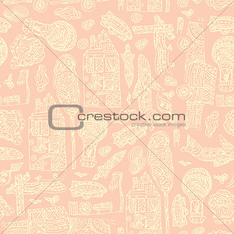 Doodle hand drawn town seamless pattern. Pastel abstract wallpaper. Vector illustration for your cute design.
