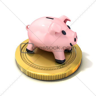 Piggy bank money box standing on gold coin