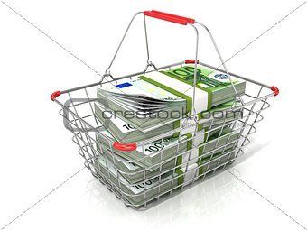 Steel wire shopping basket full of euros stacks