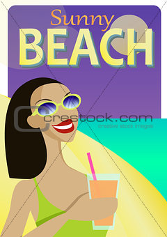 Summer Holiday poster vector design with a beautiful young woman sipping a cocktail on a beach