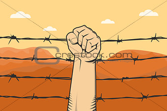 protest sign with hand fist and barbed wire as background and mountain desert