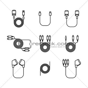 Icons of cord and cable with plugs of thin lines, vector illustration.