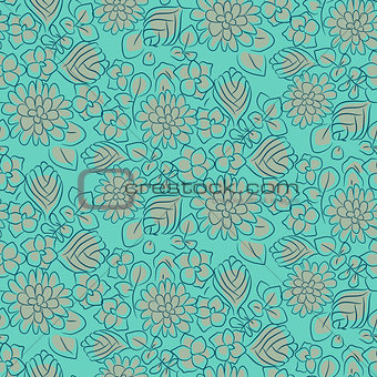 Handdrawn flower dense turquoise line seamless pattern.