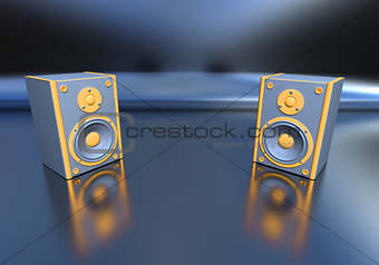orange music speakers on blue background