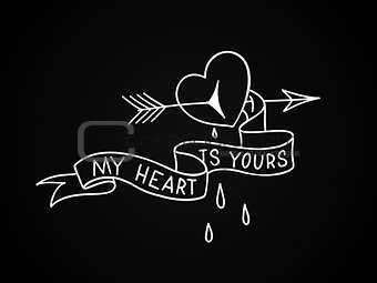 Broken heart with arrow through it and blood drops. Old school tattoo design aboul love. Vector illustration.