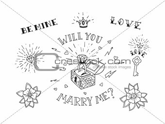 Set of hand drawn traditional tattoo elements. Vintage vector design for stickers ar prints.