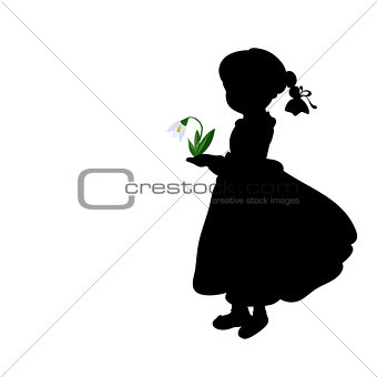 Silhouette girl with spring snowdrops