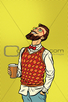 Hipster drinks coffee and looks up