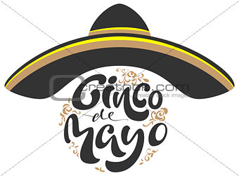 Cinco de Mayo. Black sombrero hat and lettering text for greeting card