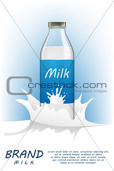 Milk bottle realistic package mock up with Liquid splash background. Healthy beverage glass bottle with milk drink for ads or magazine design. 3d vector illustration.